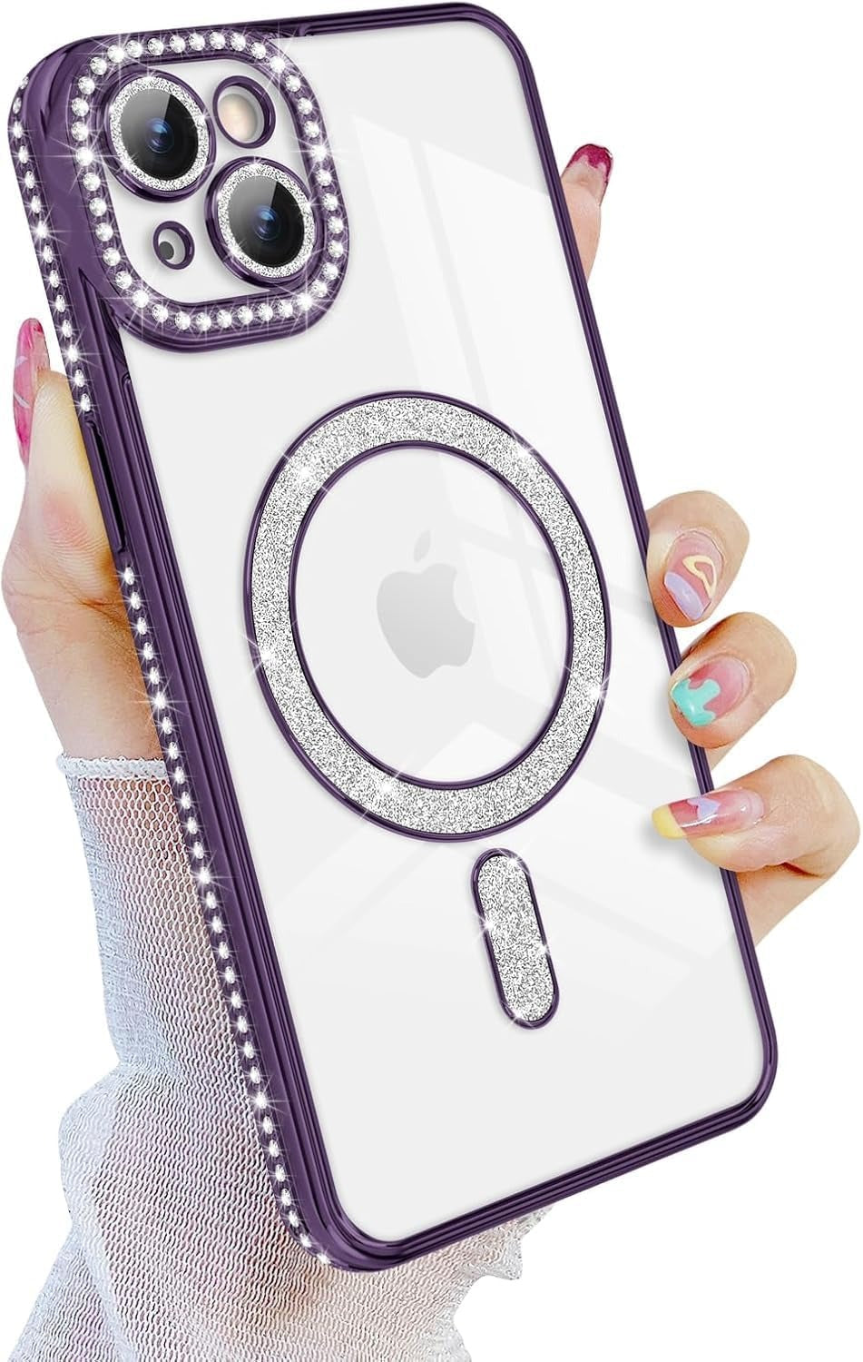 Brandson Luxury Sparkle MagSafe Case for iPhone 15 Pro – Diamond Camera Guard, Shockproof Transparent Cover, Purple Shine Edition