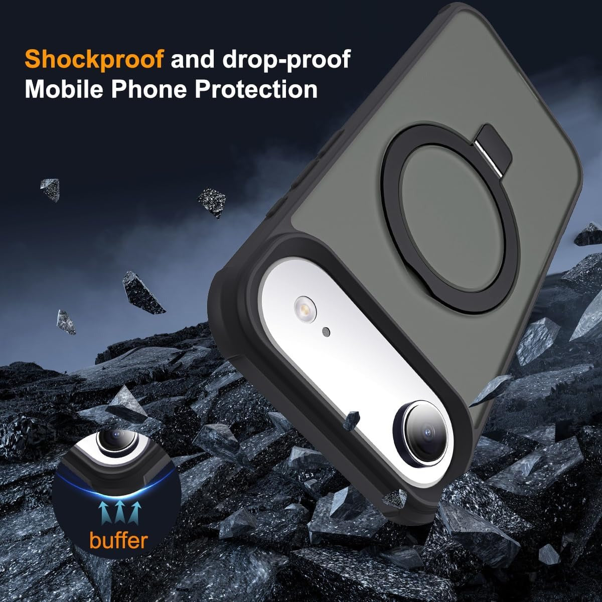 iPhone 17 Air Case with Invisible Magnetic O-Ring Stand | Military-Grade Translucent Shockproof MagSafe Compatible Cover – Black (6.5”)