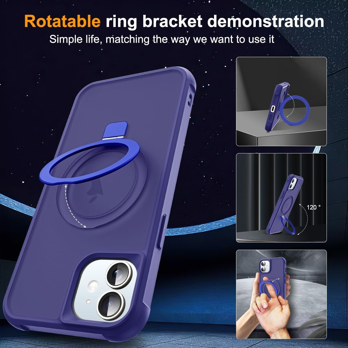 Compatible with iPhone 12 & iPhone 12 Pro Case | Invisible Magnetic O-Ring Stand | Translucent Shockproof Protective Case 6.1" | Mag-Safe Compatible | Anti-Slip Great Grip Feeling | Navy