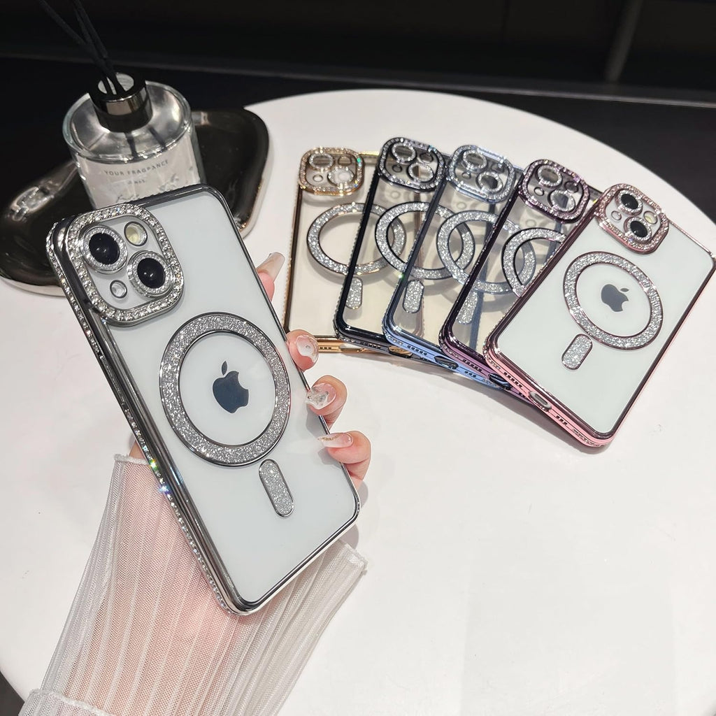 Brandson Crystal Clear Gold Case for iPhone 12 Pro | Soft TPU Transparent Cover with Diamond Rhinestone MagSafe Ring | Luxury Shockproof Camera Lens Protection Case for Women & Girls – Gold