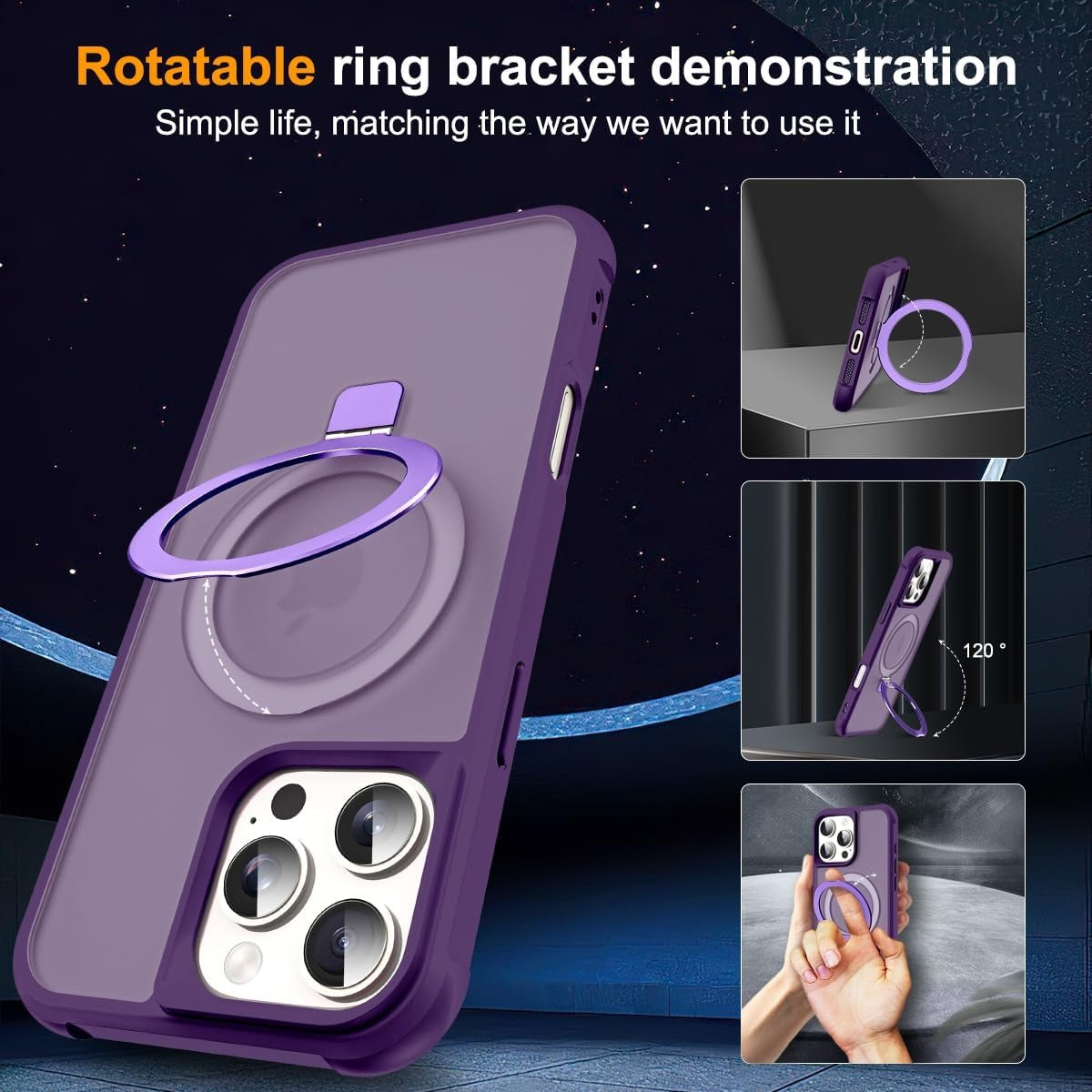MagSafe Compatible Case for iPhone 16 Pro Max (6.9") | Invisible Magnetic O-Ring Stand | Military-Grade Translucent Shockproof Cover – Purple