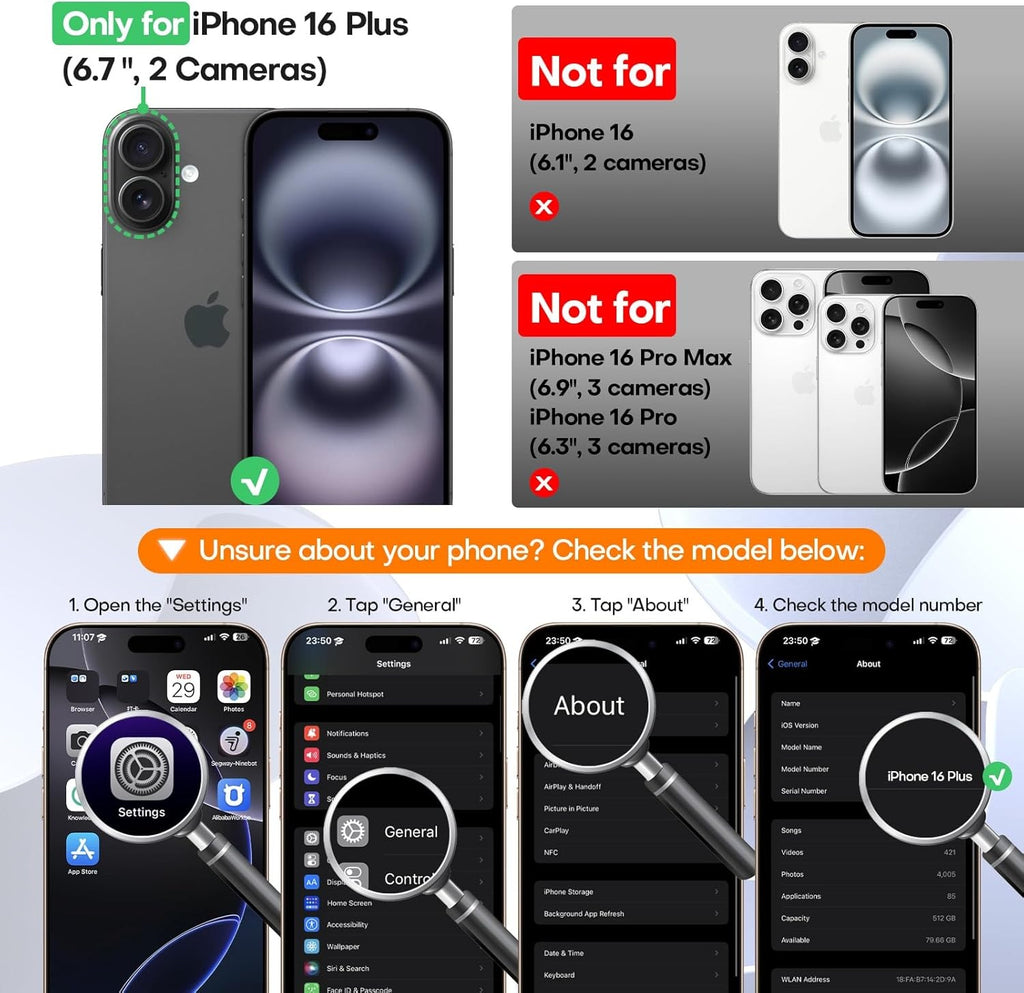 Magnetic Case for iPhone 16 Plus (6.7”) | MagSafe Compatible | 2× 9H Screen Protectors | Full Camera Protection | Military-Grade Silicone Cover – Black