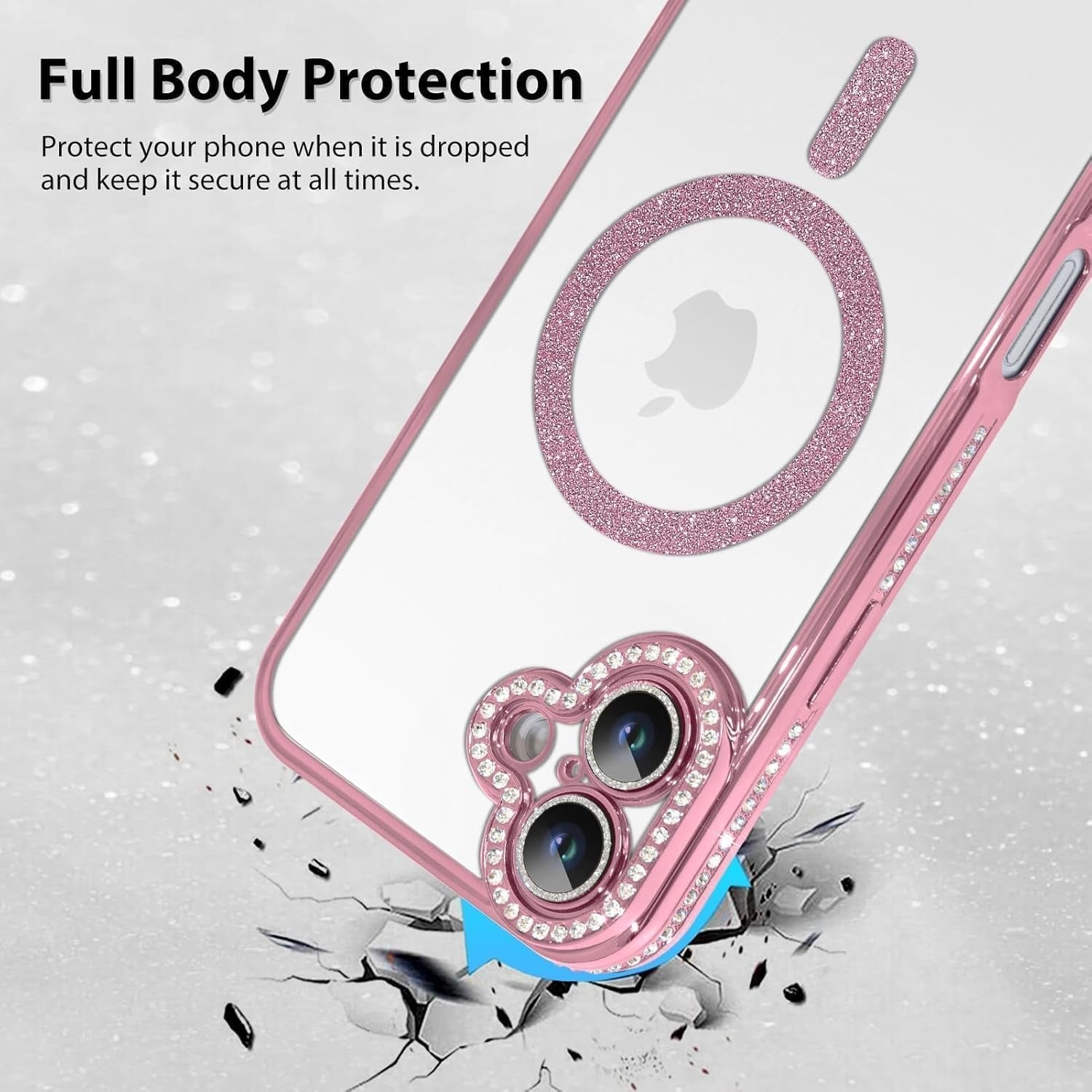 Brandson Clear Case for iPhone 16 | Soft Transparent Pink Glitter Cover with Rhinestone Diamonds | MagSafe Compatible | Shockproof Camera Lens Protection Case for Women & Girls – Pink