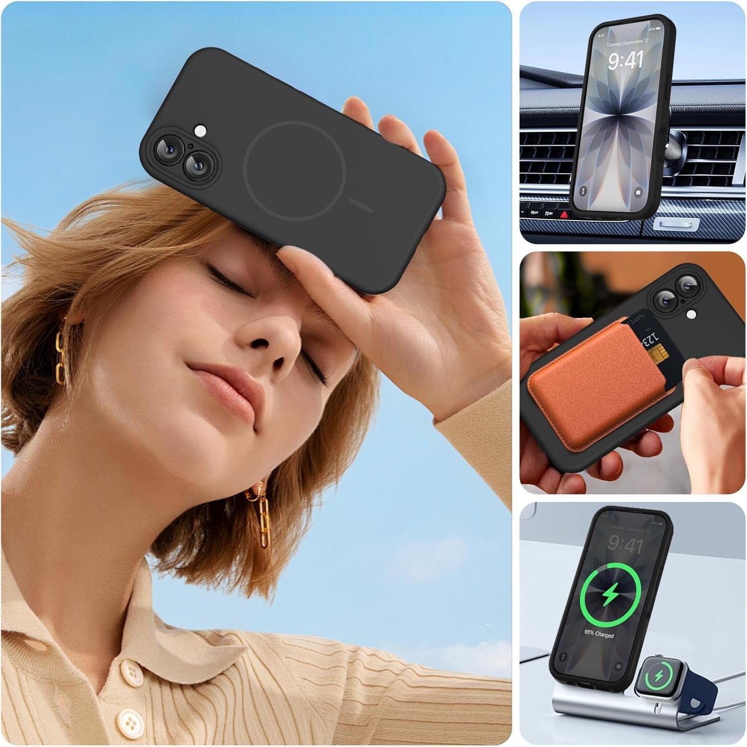 Brandson Liquid Silicone MagSafe Case for iPhone 17 | Soft Microfiber Lining | Shockproof Drop Protection Lanyard Phone Cover | Anti-Scratch Back Case | Black