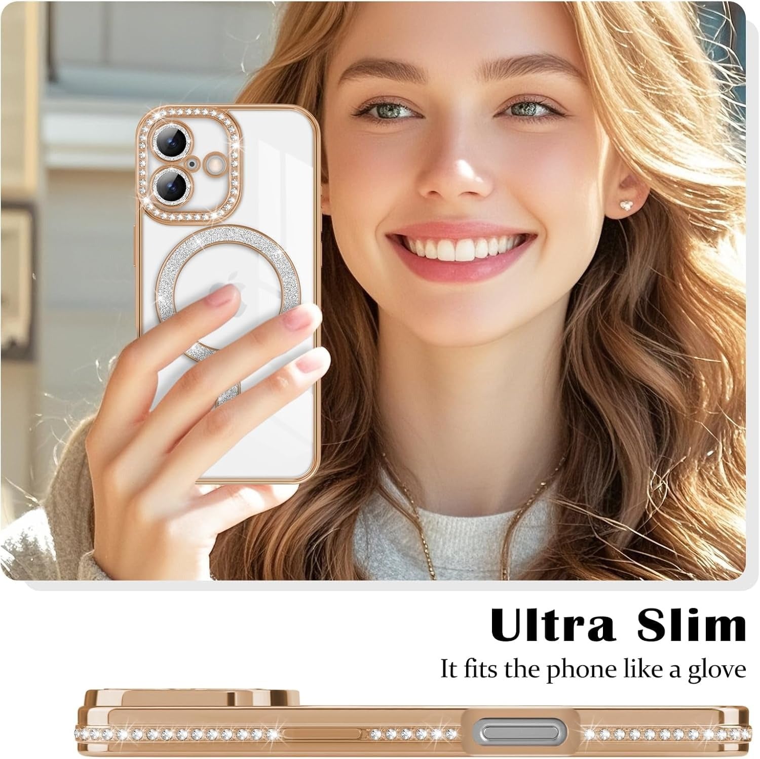 Brandson Luxury Sparkle MagSafe Case for iPhone 17 Pro Max – Diamond Camera Guard, Shockproof Transparent Cover, Gold Shine Edition