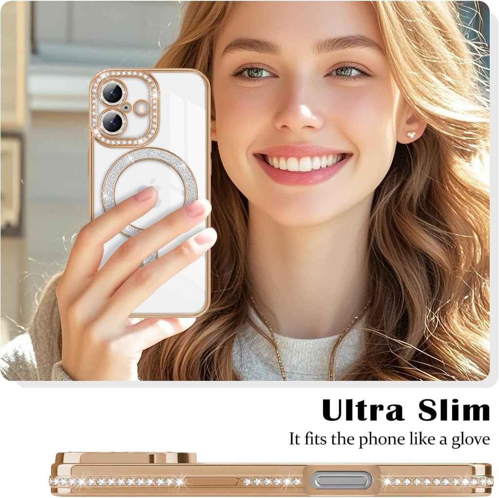 Brandson Luxury Sparkle MagSafe Case for iPhone 17 Pro – Diamond Camera Guard, Shockproof Transparent Cover, Gold Shine Edition