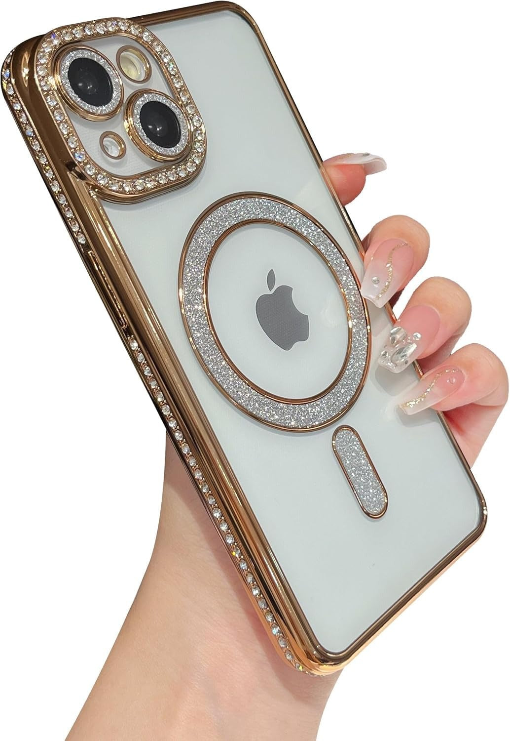 Brandson Crystal Clear Gold Case for iPhone 12 Pro Max | Soft TPU Transparent Cover with Diamond Rhinestone MagSafe Ring | Luxury Shockproof Camera Lens Protection Case for Women & Girls – Gold