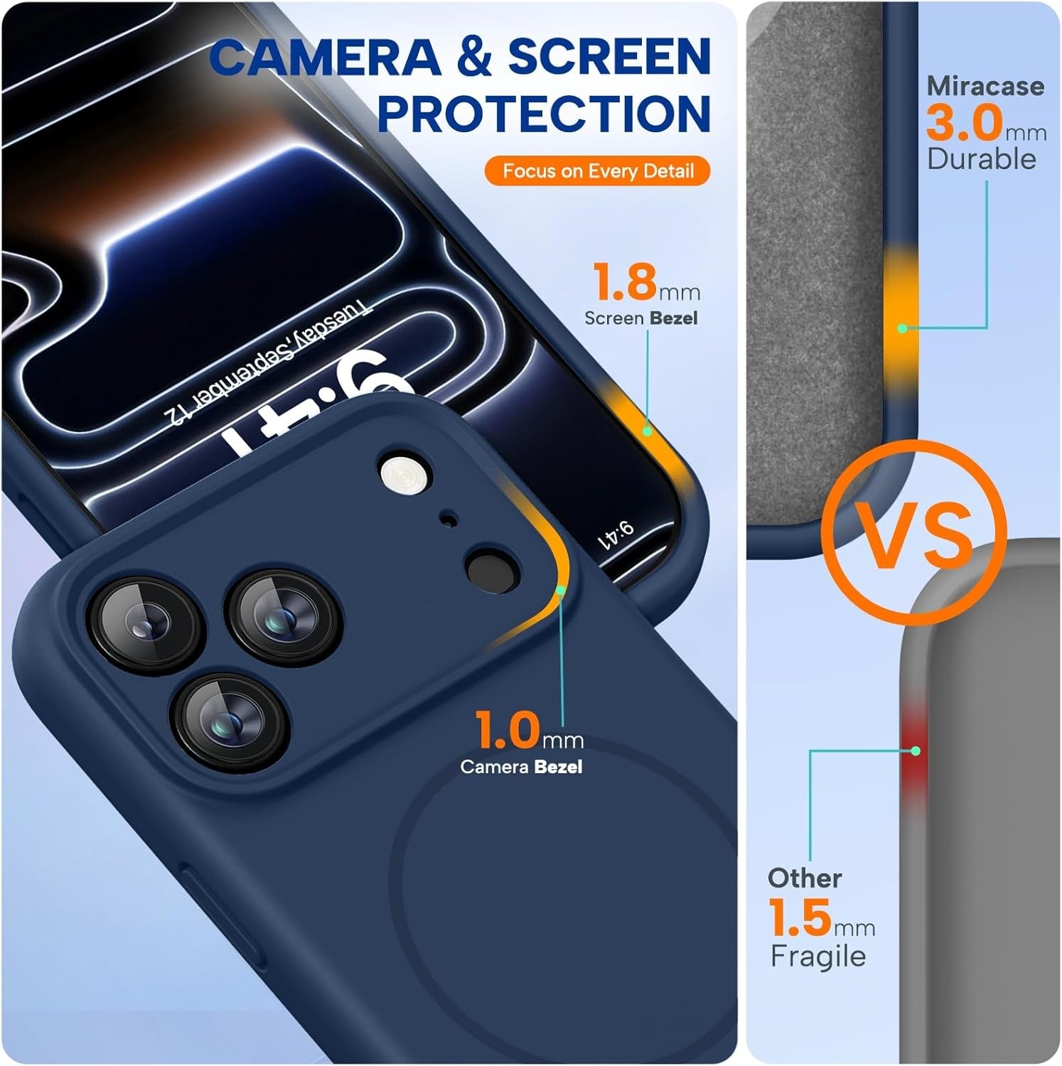 Brandson Magnetic iPhone 17 Pro Max Case – MagSafe Compatible, 3.0 mm Thick Shockproof Silicone, Full Camera Protection, Dark Blue