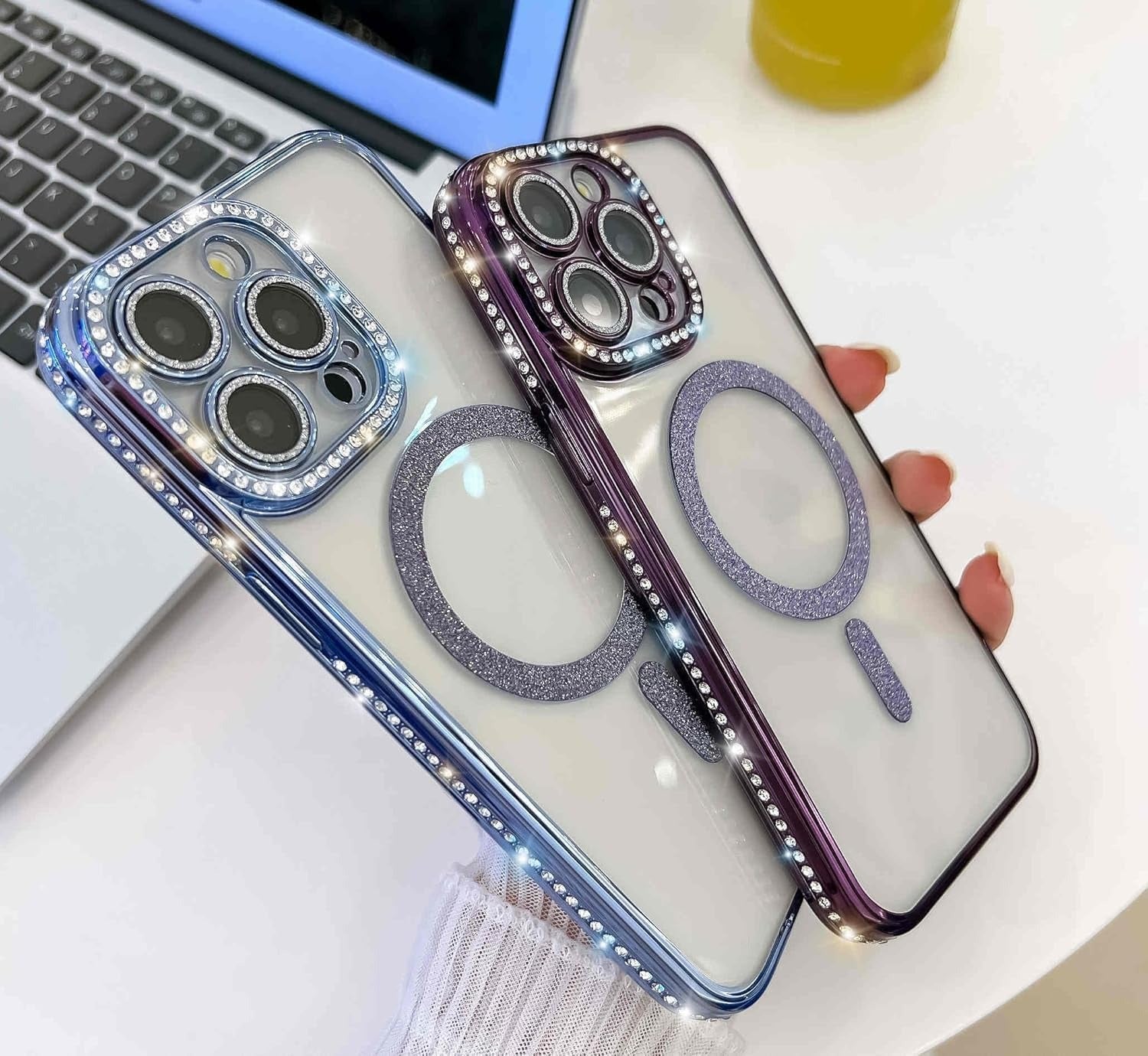 Brandson Crystal Clear Blue Case for iPhone 12 Pro Max | Soft TPU Transparent Cover with Diamond Rhinestone MagSafe Ring | Luxury Shockproof Camera Lens Protection Case for Women & Girls – Blue