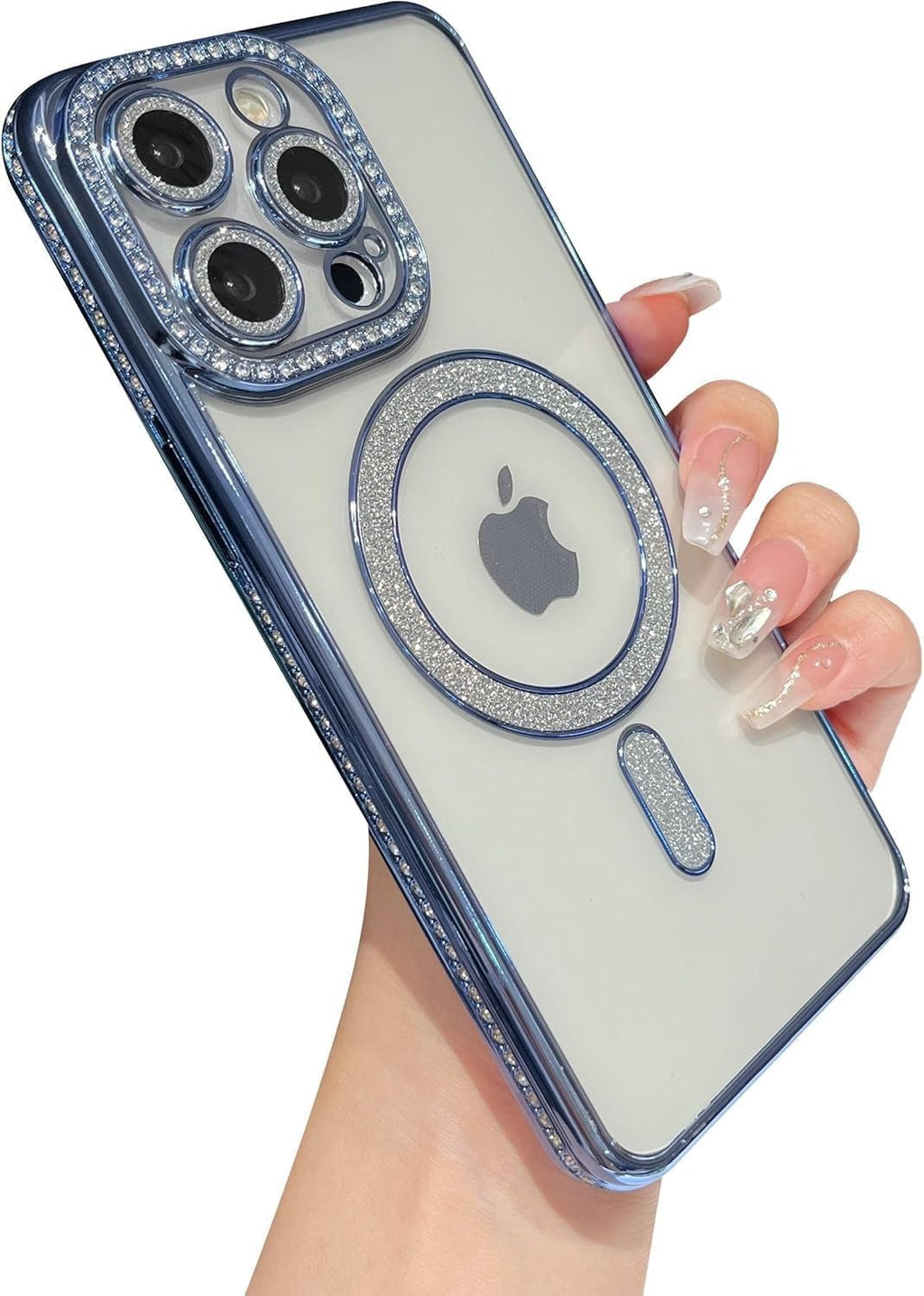 Cute Compatible iPhone 16 Pro Diamond Glitter Case – Luxury Bling Rhinestone Soft Clear TPU Bumper, MagSafe & Camera Lens Protection (Blue)