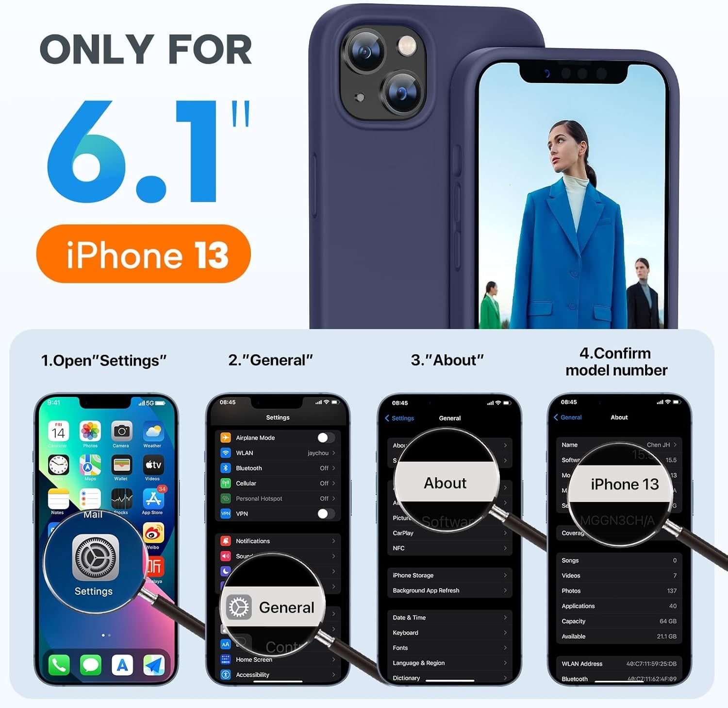 Brandson Liquid Silicone Case for iPhone 13 (6.1") | Shockproof Soft Rubber Cover | Anti-Scratch Microfiber Lining | Tempered Glass Screen Protector Included | Dark Blue