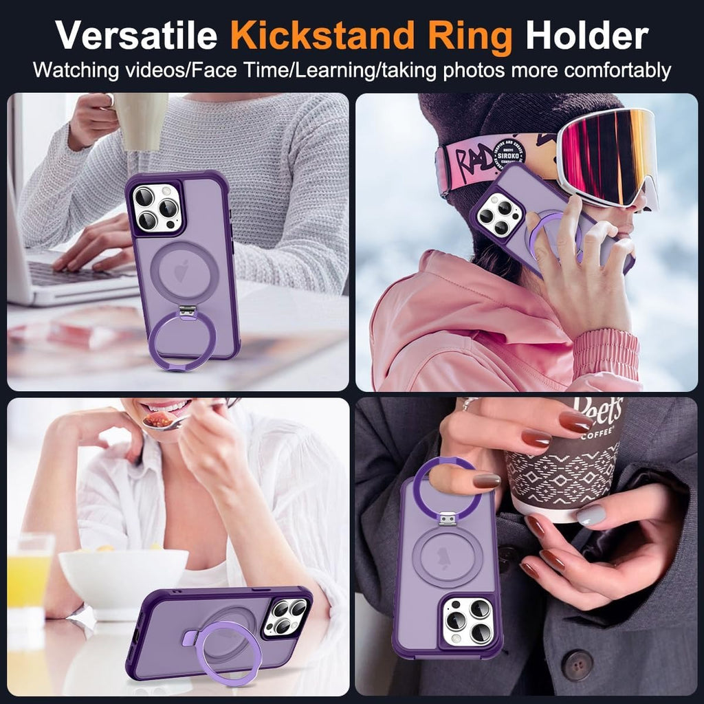 MagSafe Compatible Case for iPhone 14 Pro Max | Invisible Magnetic O-Ring Stand | Military-Grade Translucent Shockproof Cover – Purple