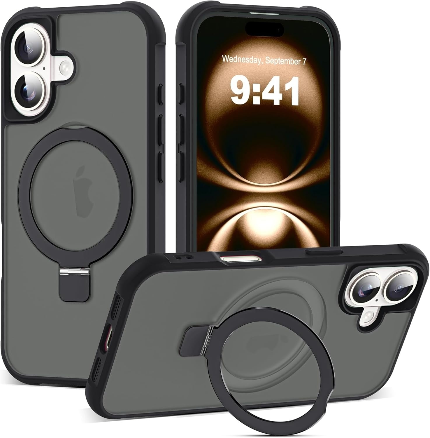 iPhone 16 Case with Invisible Magnetic O-Ring Stand | Military-Grade Shockproof Translucent Back | MagSafe Compatible | Great Grip | Black (6.1”)