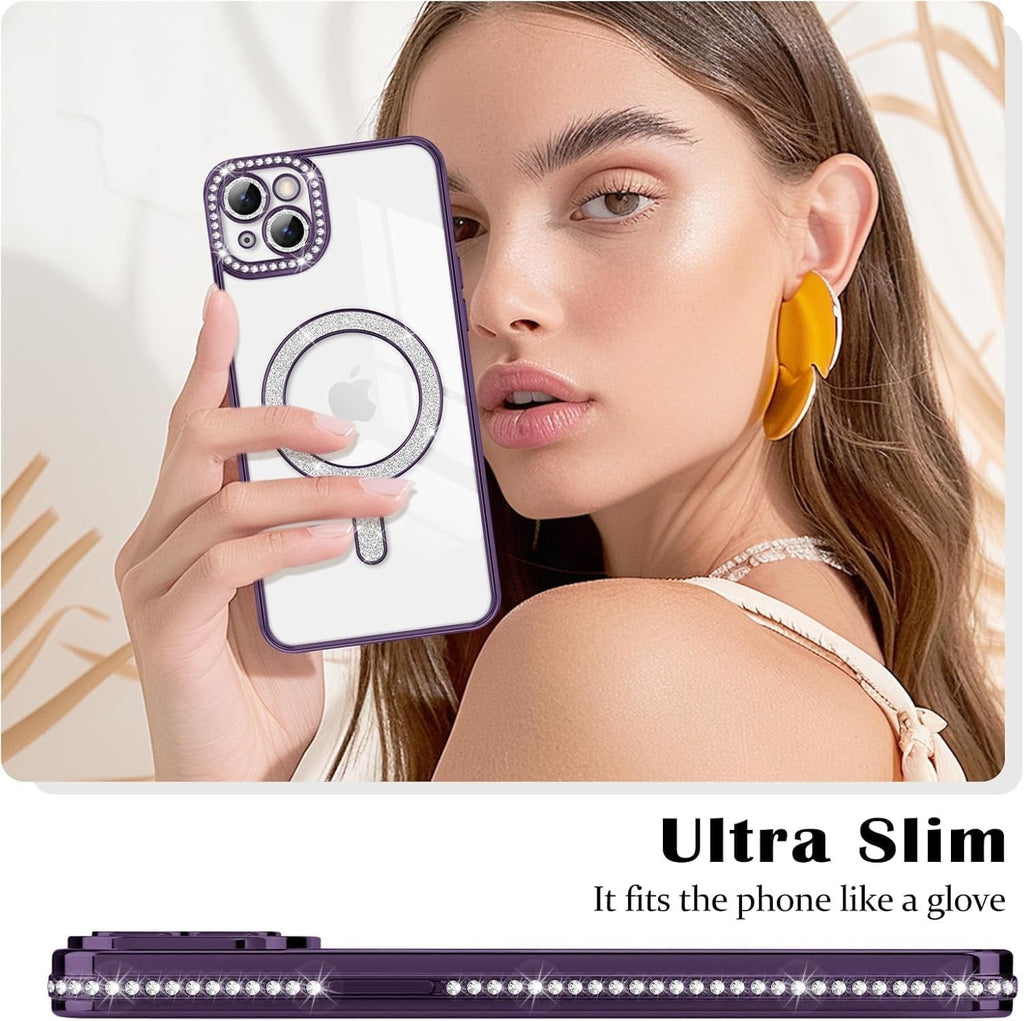 Brandson Luxury Glitter Magsafe Case for iPhone 14 Plus | Diamond Camera Guard | Shockproof Transparent Back Cover | Purple Shine Sparkle TPU Bumper
