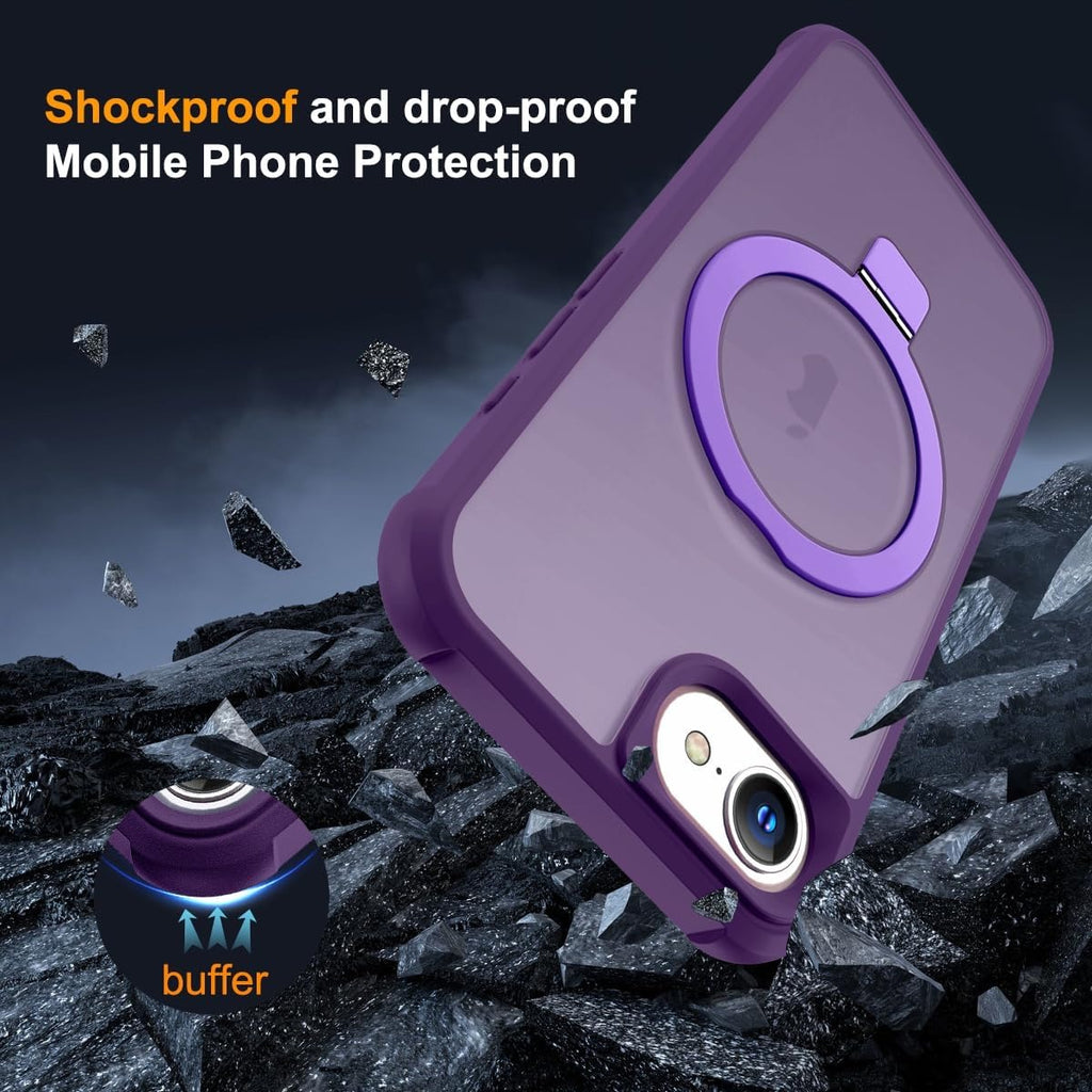 MagSafe Compatible Case for iPhone 16E (6.1", 2025) | Invisible Magnetic O-Ring Stand | Military-Grade Translucent Shockproof Cover – Purple