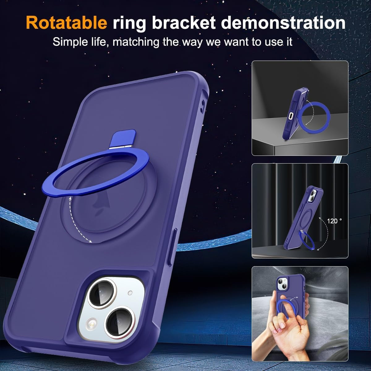 iPhone 15 Plus Magnetic O-Ring Stand Case – Military-Grade Translucent MagSafe Compatible Shockproof Cover – Navy