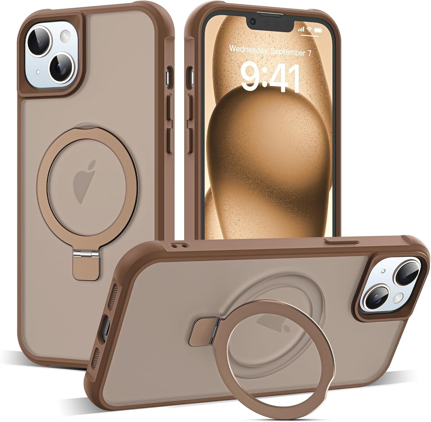 Brandson Compatible with iPhone 15 Case 📱 Magnetic O-Ring Stand | Military-Grade Translucent Back Cover | MagSafe Compatible | 6.1" Desert Brown