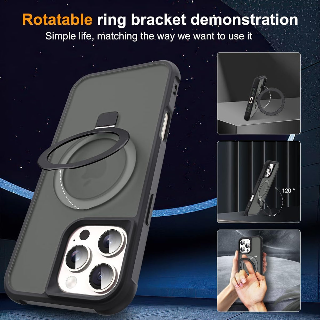 iPhone 16 Pro Max Case with Invisible Magnetic O-Ring Stand | Military-Grade Drop Protection | Translucent MagSafe Compatible Back Cover – Black