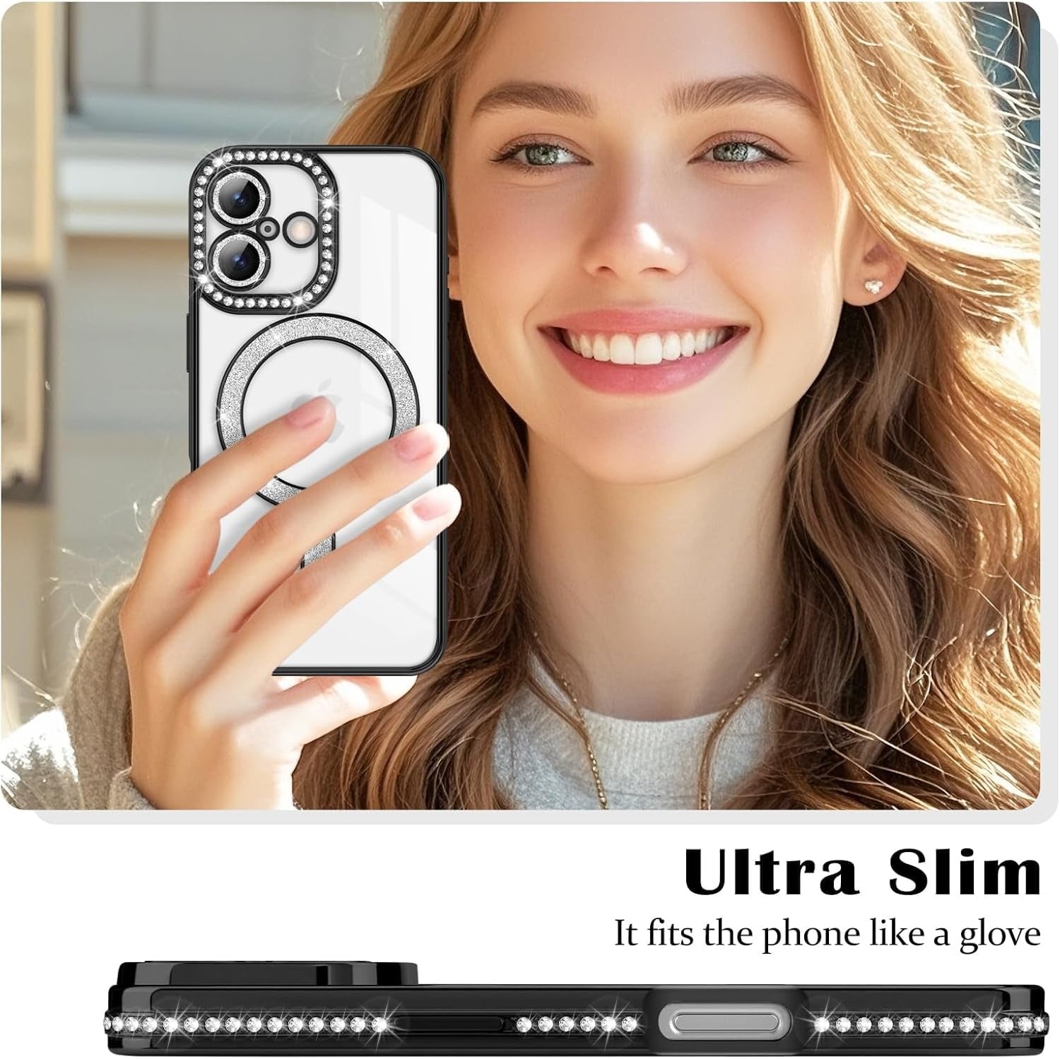 Brandson Luxury Sparkle MagSafe Case for iPhone 17 – Diamond Camera Guard, Shockproof Transparent Cover, Black Shine Edition