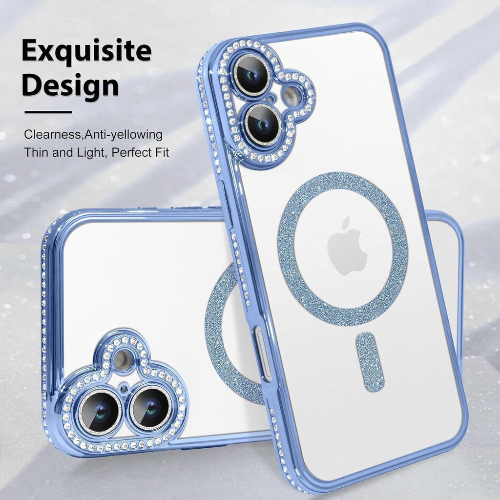 Brandson Clear Case for iPhone 16 | Soft Transparent Glitter Cover with Rhinestone Diamonds | MagSafe Compatible | Camera Lens Protection | Cute Shockproof Case for Women & Girls – Blue