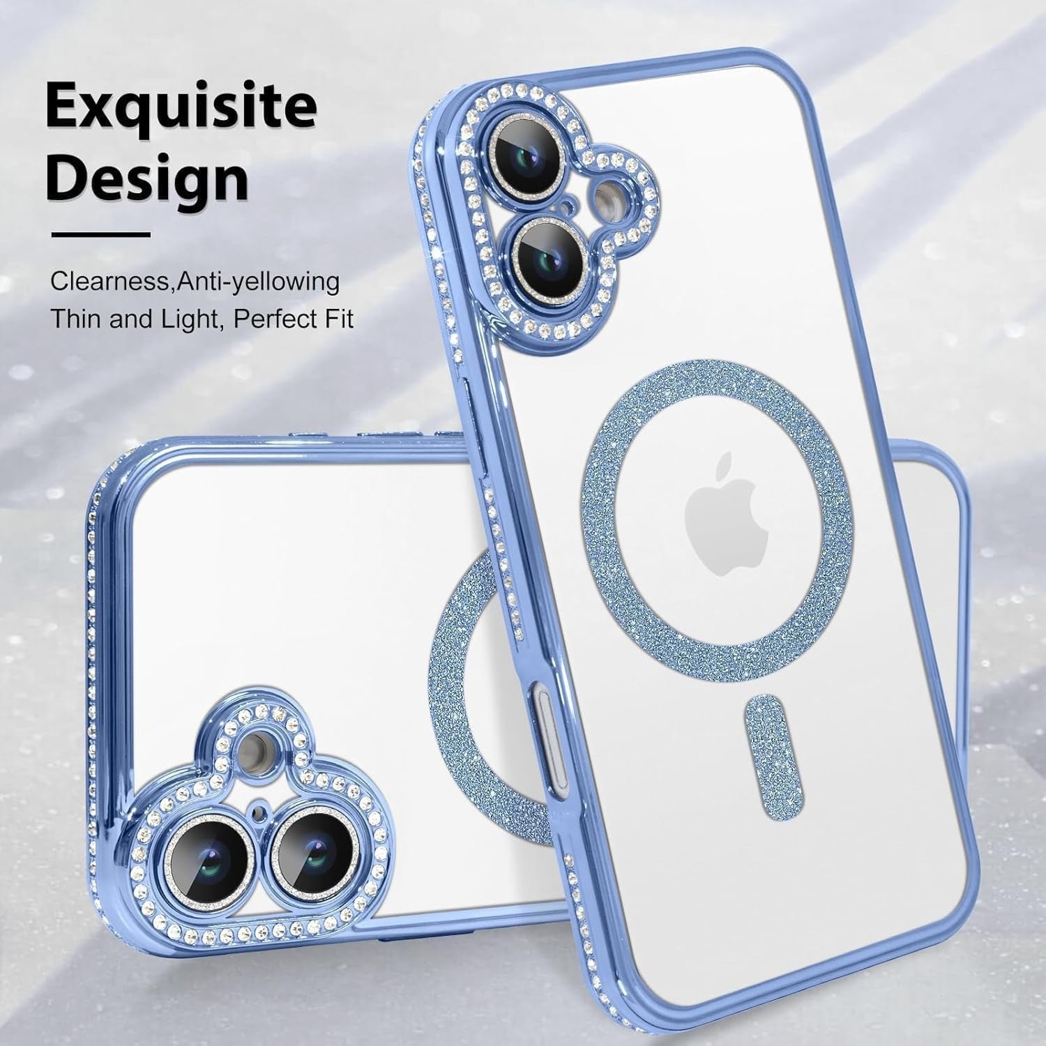 Brandson Clear Case for iPhone 16 | Soft Transparent Glitter Cover with Rhinestone Diamonds | MagSafe Compatible | Camera Lens Protection | Cute Shockproof Case for Women & Girls – Blue