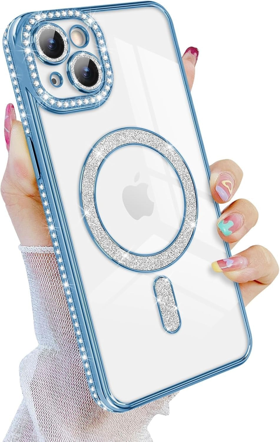 Brandson Crystal Clear Blue Case for iPhone 12 | Soft TPU Transparent Cover with Diamond Rhinestone MagSafe Ring | Luxury Shockproof Camera Lens Protection Case for Women & Girls – Blue