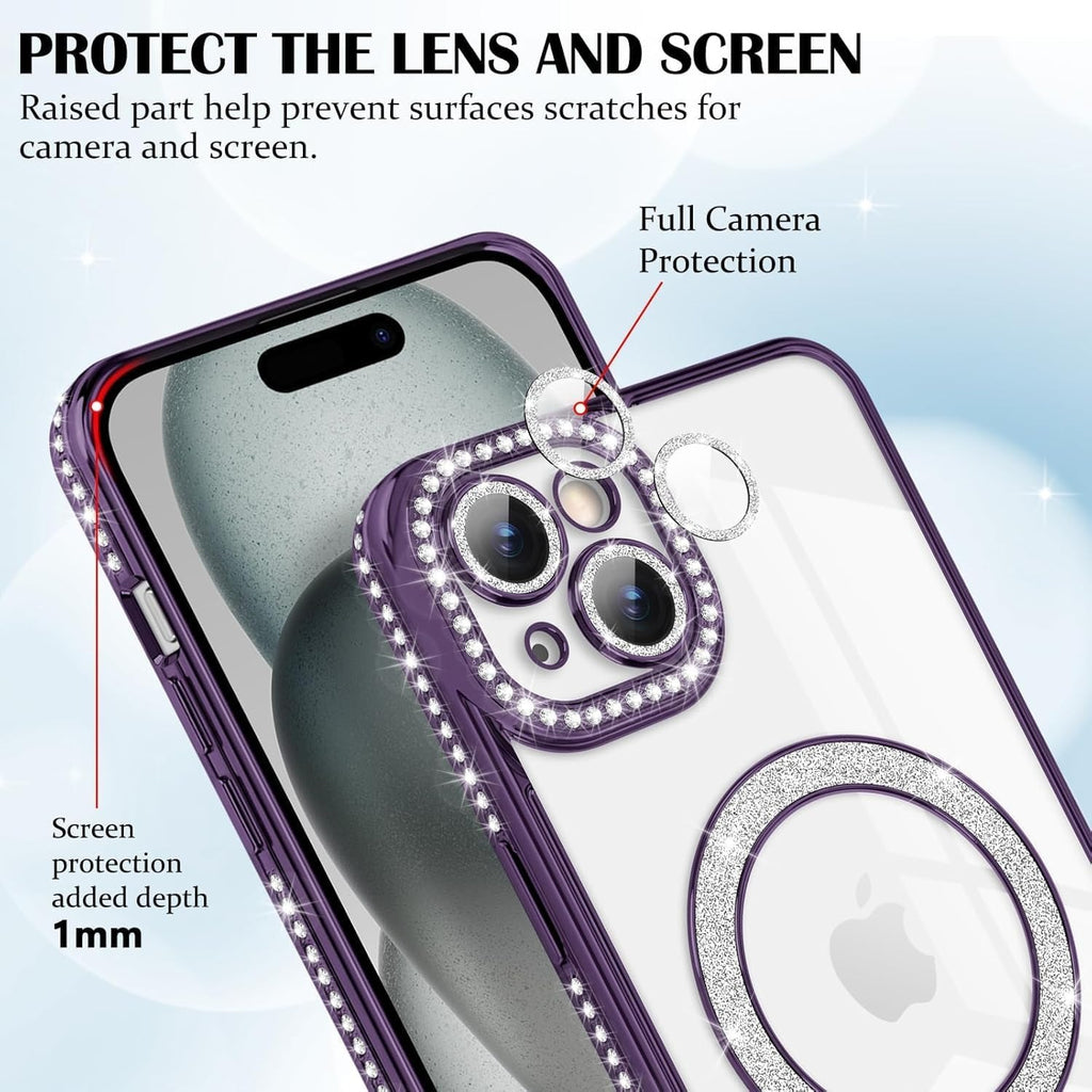 Brandson Luxury Sparkle MagSafe Case for iPhone 15 Pro Max – Diamond Camera Guard, Shockproof Transparent Cover, Purple Shine Edition