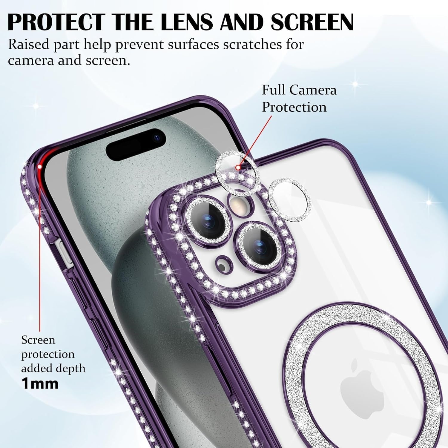 Brandson Crystal Clear Purple Case for iPhone 12 Pro | Transparent Soft TPU Cover with Diamond Rhinestone MagSafe Ring | Luxury Shockproof Camera Lens Protection Case for Women & Girls – Purple