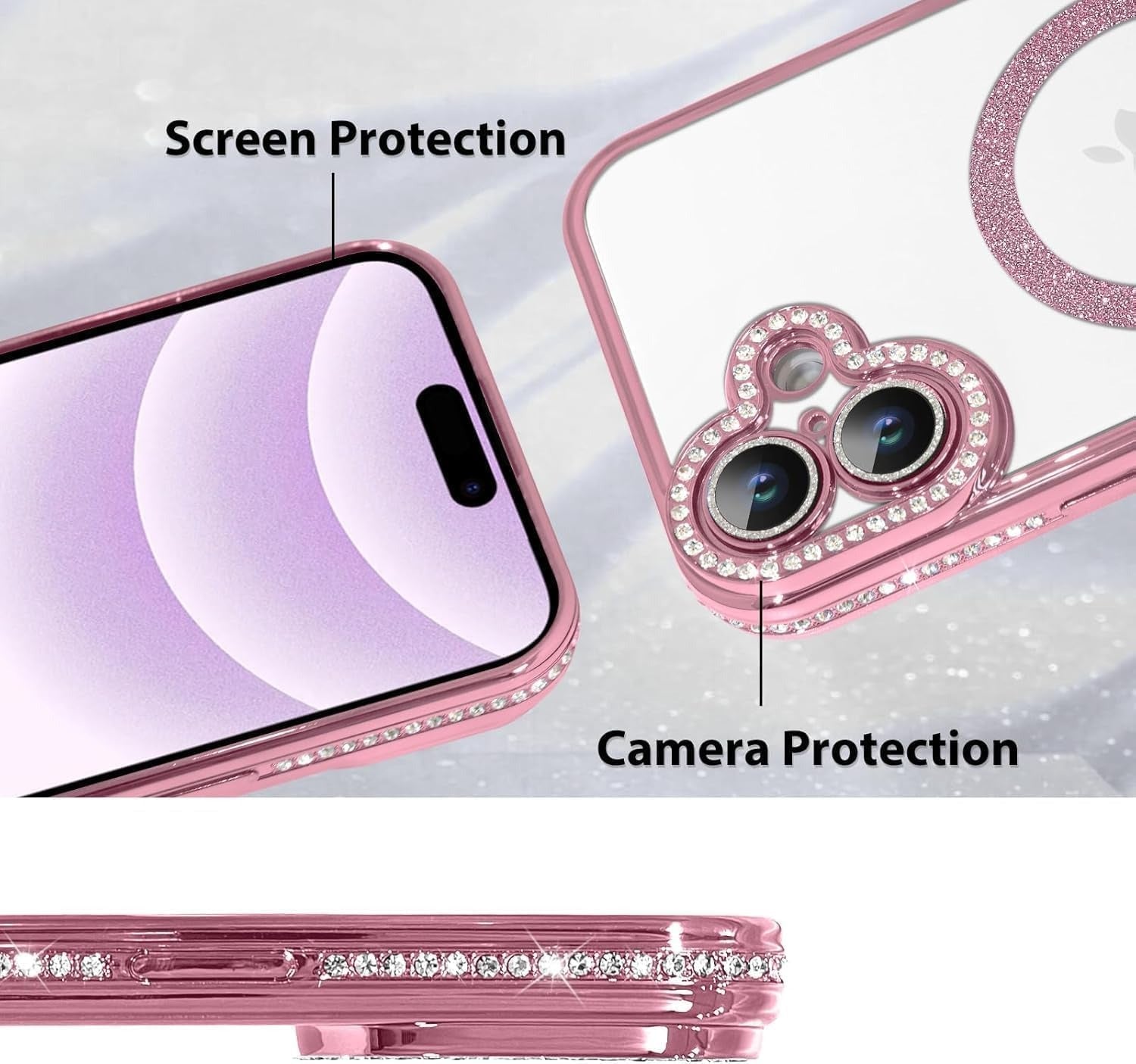 Brandson Clear Case for iPhone 16 | Soft Transparent Pink Glitter Cover with Rhinestone Diamonds | MagSafe Compatible | Shockproof Camera Lens Protection Case for Women & Girls – Pink