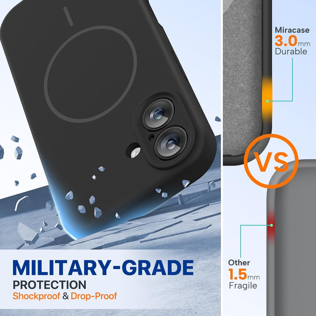 Miracase Liquid Silicone Case for iPhone 16 | MagSafe Compatible | Soft Microfiber Lining | Shockproof Drop Protection Phone Cover | Anti-Scratch Back Case | Black