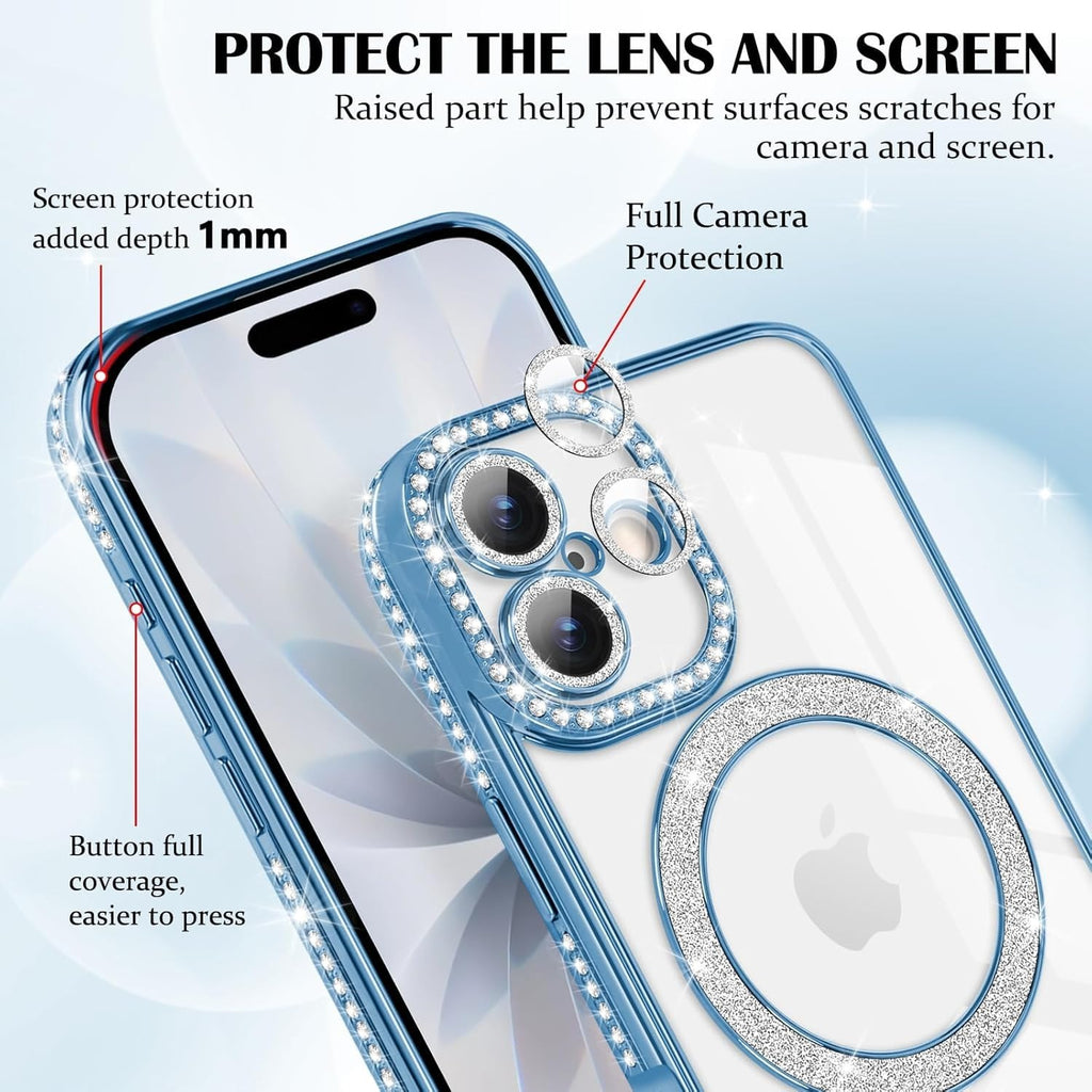 Brandson Luxury Sparkle MagSafe Case for iPhone 17 – Diamond Camera Guard, Shockproof Transparent Cover, Blue Shine Edition