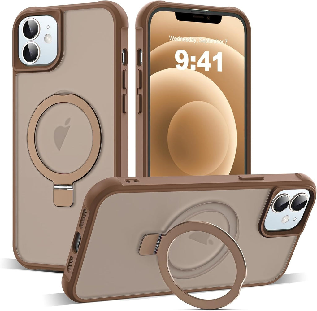iPhone 12 & 12 Pro Magnetic O-Ring Stand Case | Translucent Shockproof Back Cover | MagSafe Compatible | Desert Brown | 6.1"