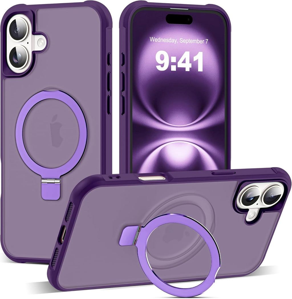 MagSafe Compatible Case for iPhone 16 Plus (6.7") | Invisible Magnetic O-Ring Stand | Military-Grade Translucent Shockproof Cover – Purple