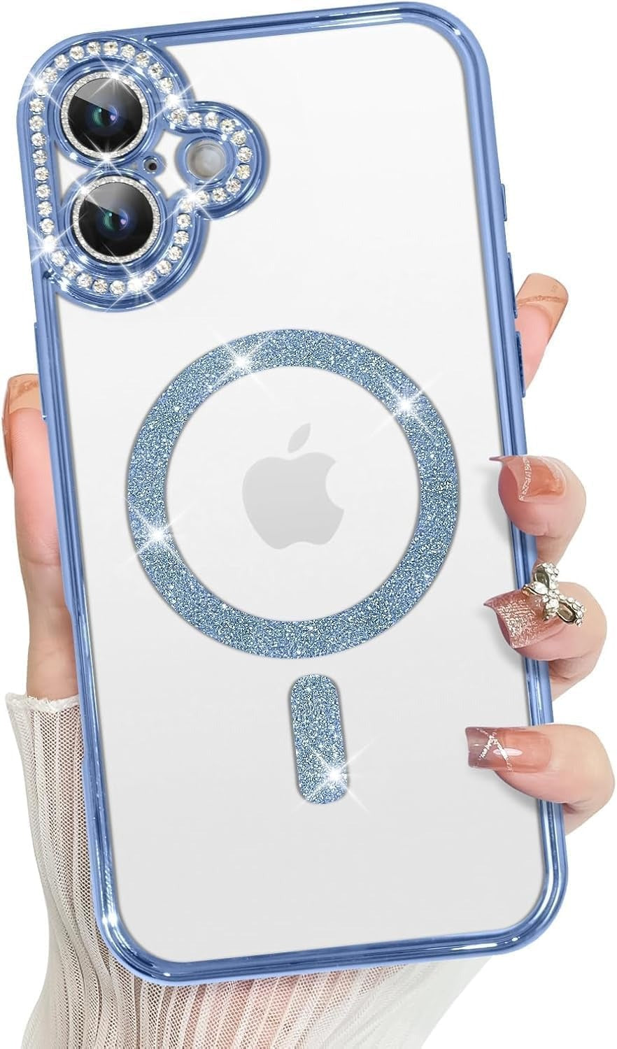 Brandson Clear Case for iPhone 16 | Soft Transparent Glitter Cover with Rhinestone Diamonds | MagSafe Compatible | Camera Lens Protection | Cute Shockproof Case for Women & Girls – Blue