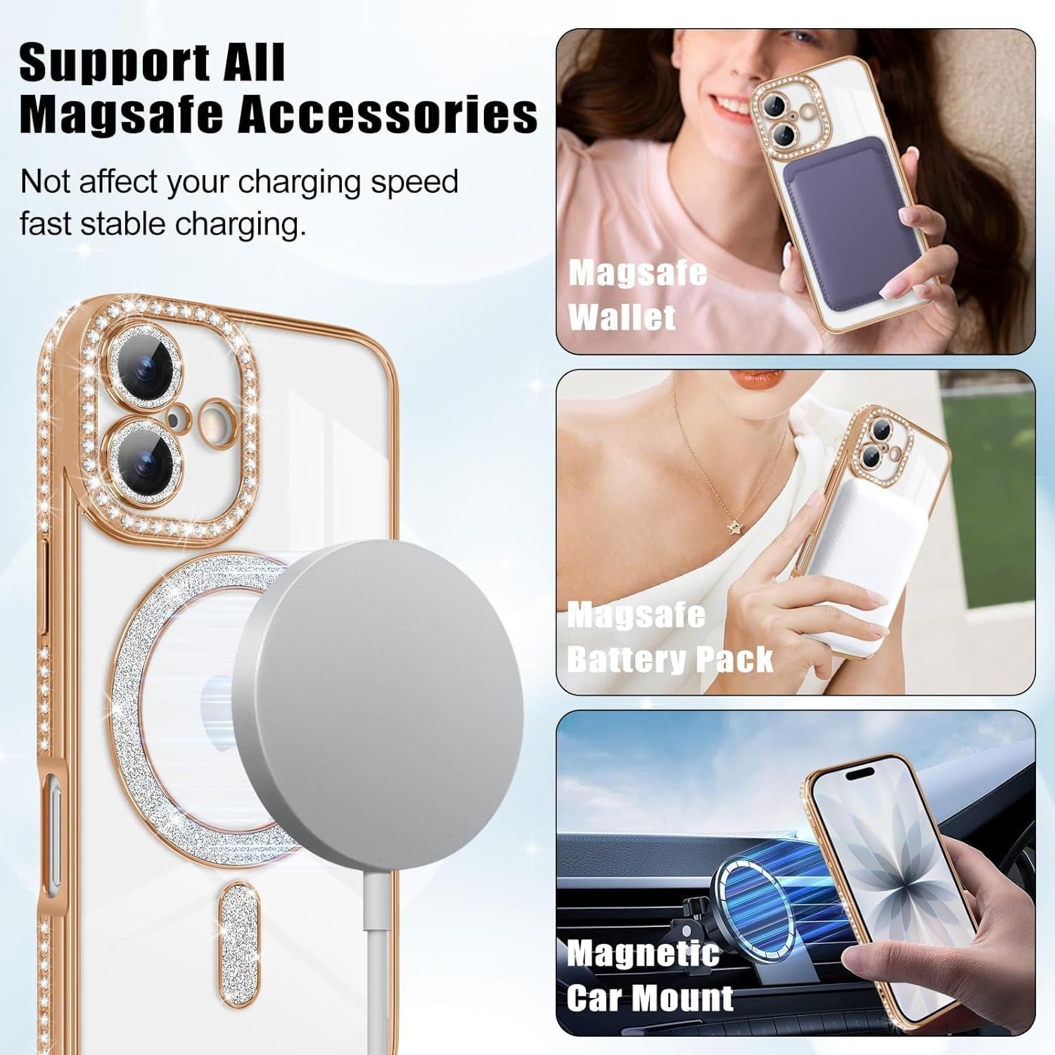 Brandson Luxury Sparkle MagSafe Case for iPhone 17 Pro Max – Diamond Camera Guard, Shockproof Transparent Cover, Gold Shine Edition