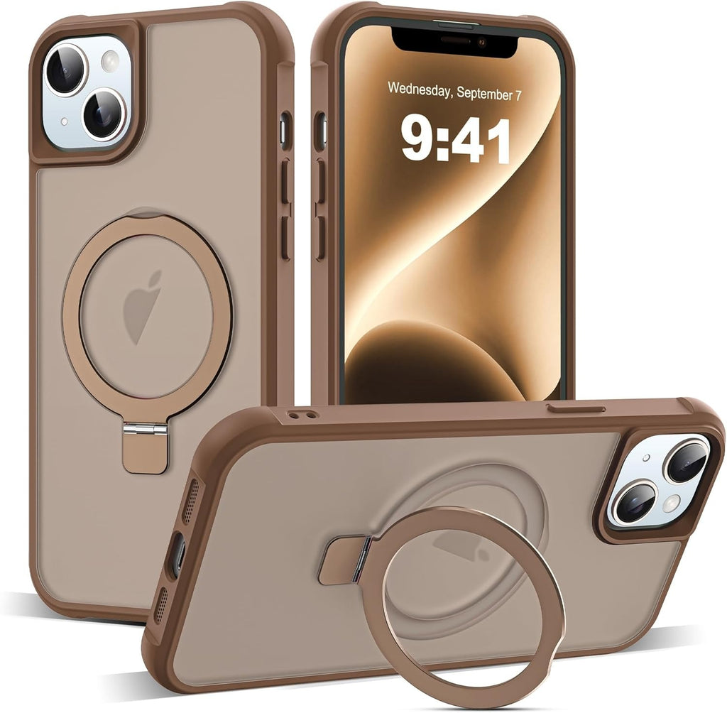 Brandson Compatible with iPhone 14 Plus Case with Invisible Magnetic O-Ring Stand Military-Grade Translucent Case 6.7" MagSafe Compatible, Desert Brown