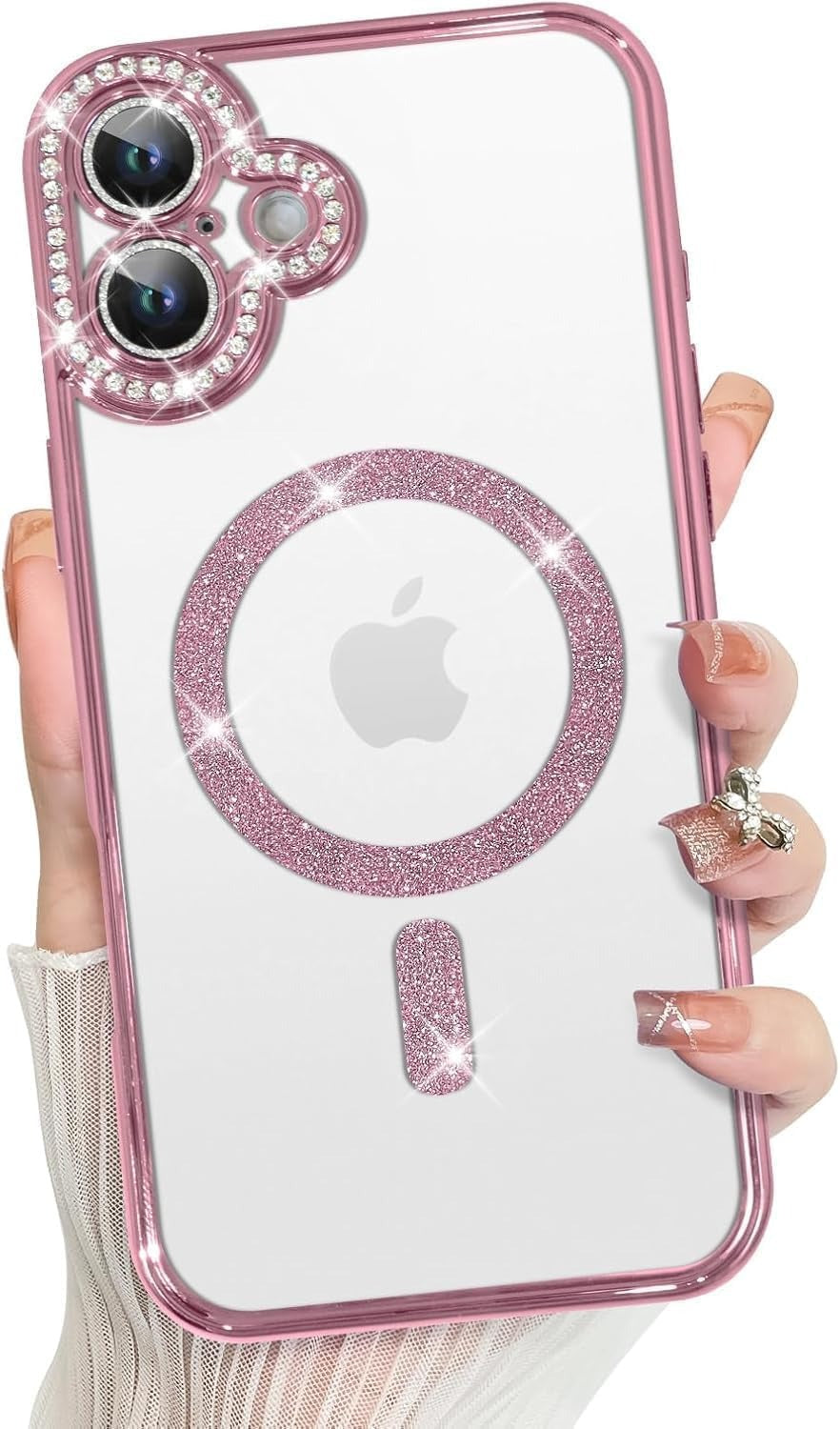 Brandson Clear Case for iPhone 16 | Soft Transparent Pink Glitter Cover with Rhinestone Diamonds | MagSafe Compatible | Shockproof Camera Lens Protection Case for Women & Girls – Pink