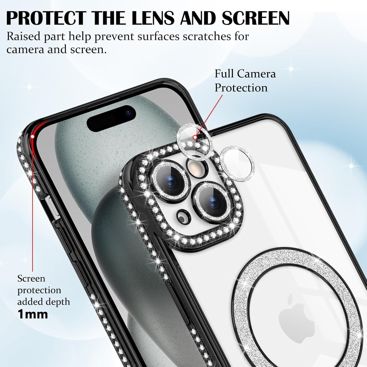Brandson Crystal Clear Case for iPhone 12 | Soft TPU Transparent Cover with Diamond Rhinestone MagSafe Ring | Luxury Shockproof Camera Lens Protection Case for Women & Girls – Silver