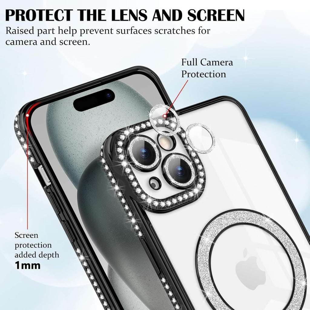 Brandson Crystal Clear Case for iPhone 12 Pro Max | Soft TPU Transparent Cover with Diamond Rhinestone MagSafe Ring | Luxury Shockproof Camera Lens Protection Case for Women & Girls – Silver