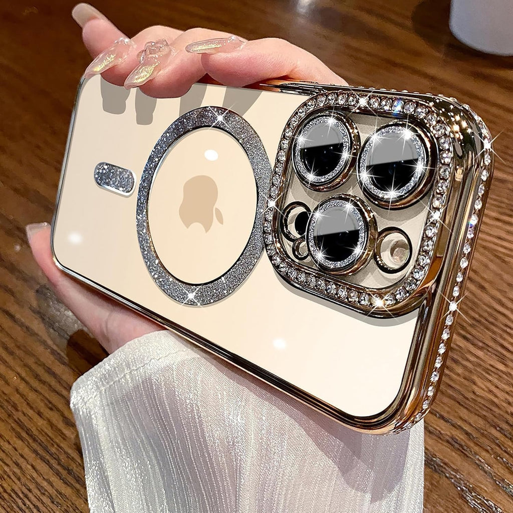 Cute Compatible iPhone 16 Plus Diamond Glitter Case – Luxury Bling Rhinestone Soft Clear TPU Bumper, MagSafe & Camera Lens Protection (Gold)