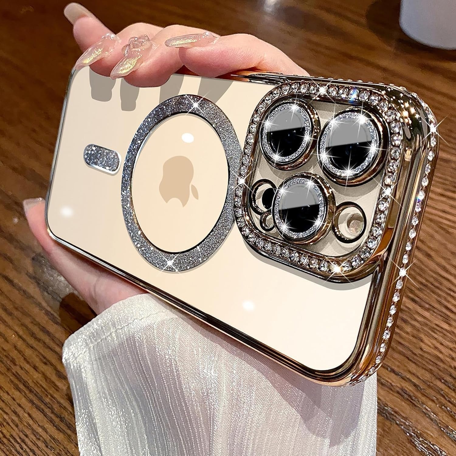 Cute Compatible iPhone 16 Plus Diamond Glitter Case – Luxury Bling Rhinestone Soft Clear TPU Bumper, MagSafe & Camera Lens Protection (Gold)