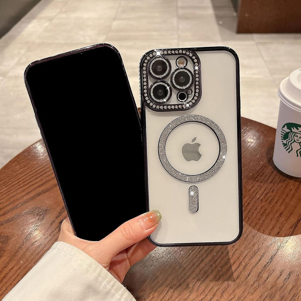 Cute Compatible iPhone 16 Plus Diamond Glitter Case – Luxury Bling Rhinestone Soft Clear TPU Bumper, MagSafe & Camera Lens Protection (Black)