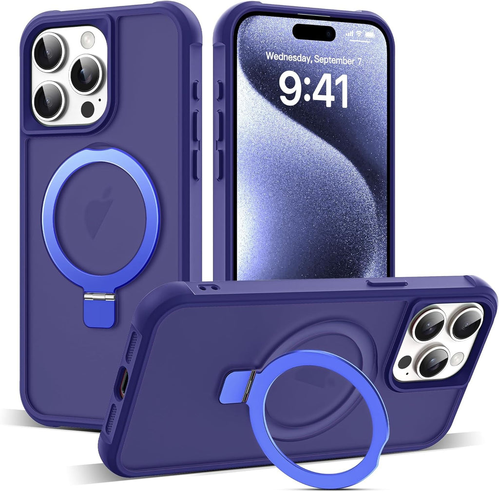 iPhone 15 Pro Magnetic O-Ring Stand Case – Military-Grade Translucent MagSafe Compatible Shockproof Cover – Navy
