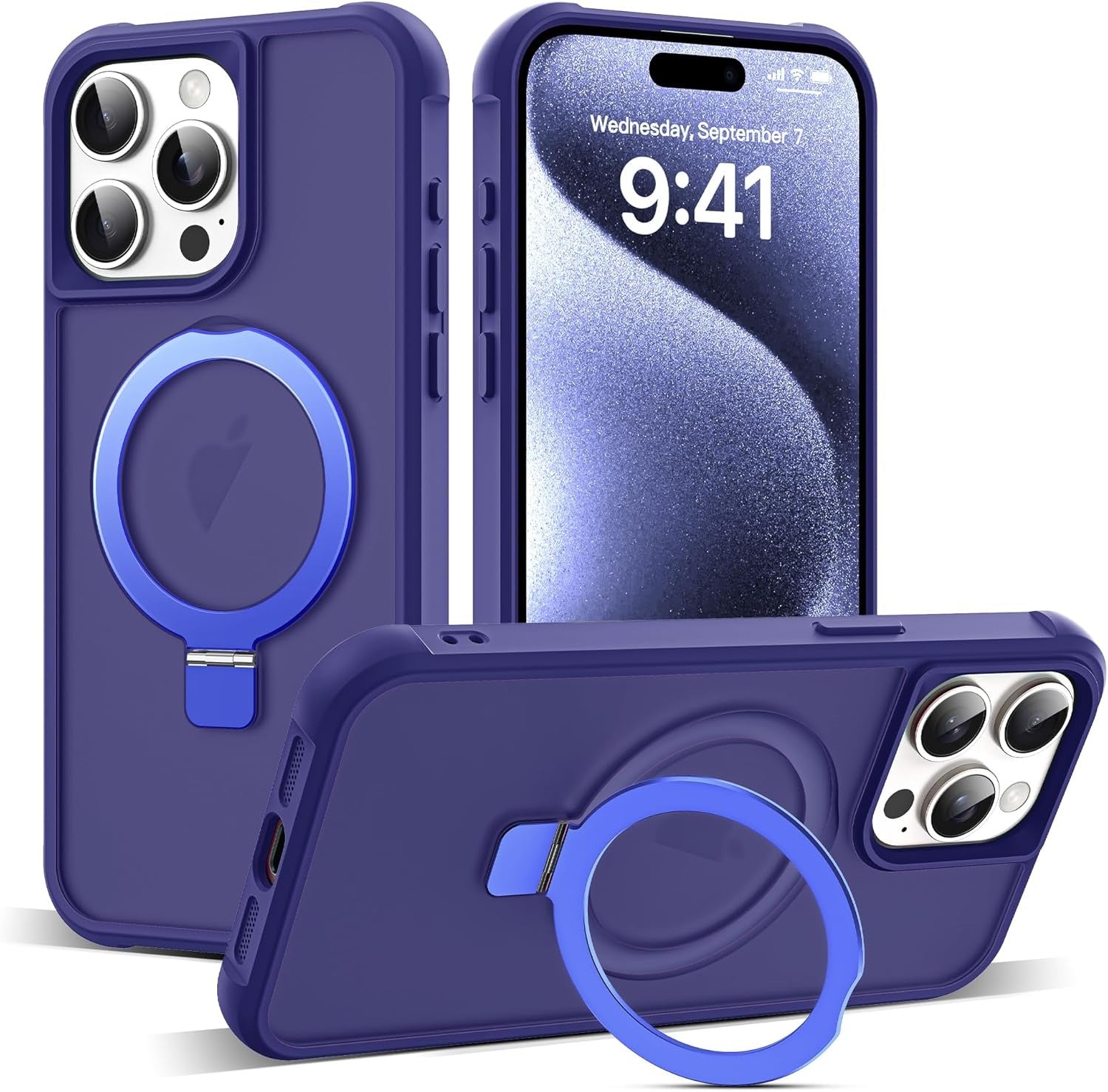 iPhone 15 Pro Magnetic O-Ring Stand Case – Military-Grade Translucent MagSafe Compatible Shockproof Cover – Navy