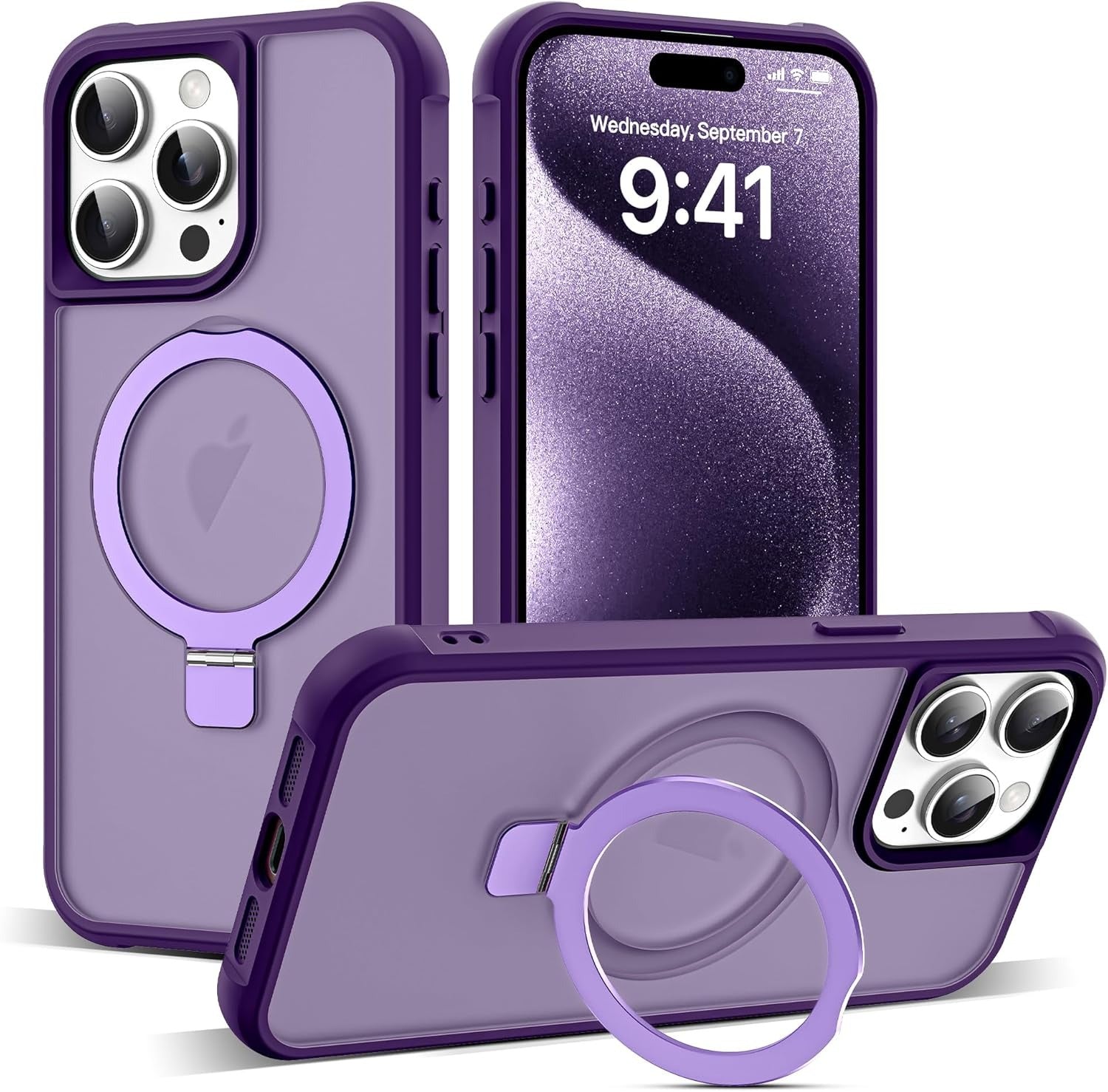 MagSafe Compatible Case for iPhone 15 Pro (6.1") | Invisible Magnetic O-Ring Stand | Military-Grade Translucent Shockproof Cover – Purple