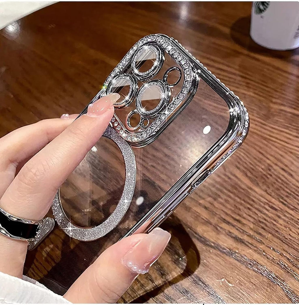 Cute Compatible iPhone 16 Pro Diamond Glitter Case – Luxury Bling Rhinestone Soft Clear TPU Bumper, MagSafe & Camera Lens Protection (Gold)