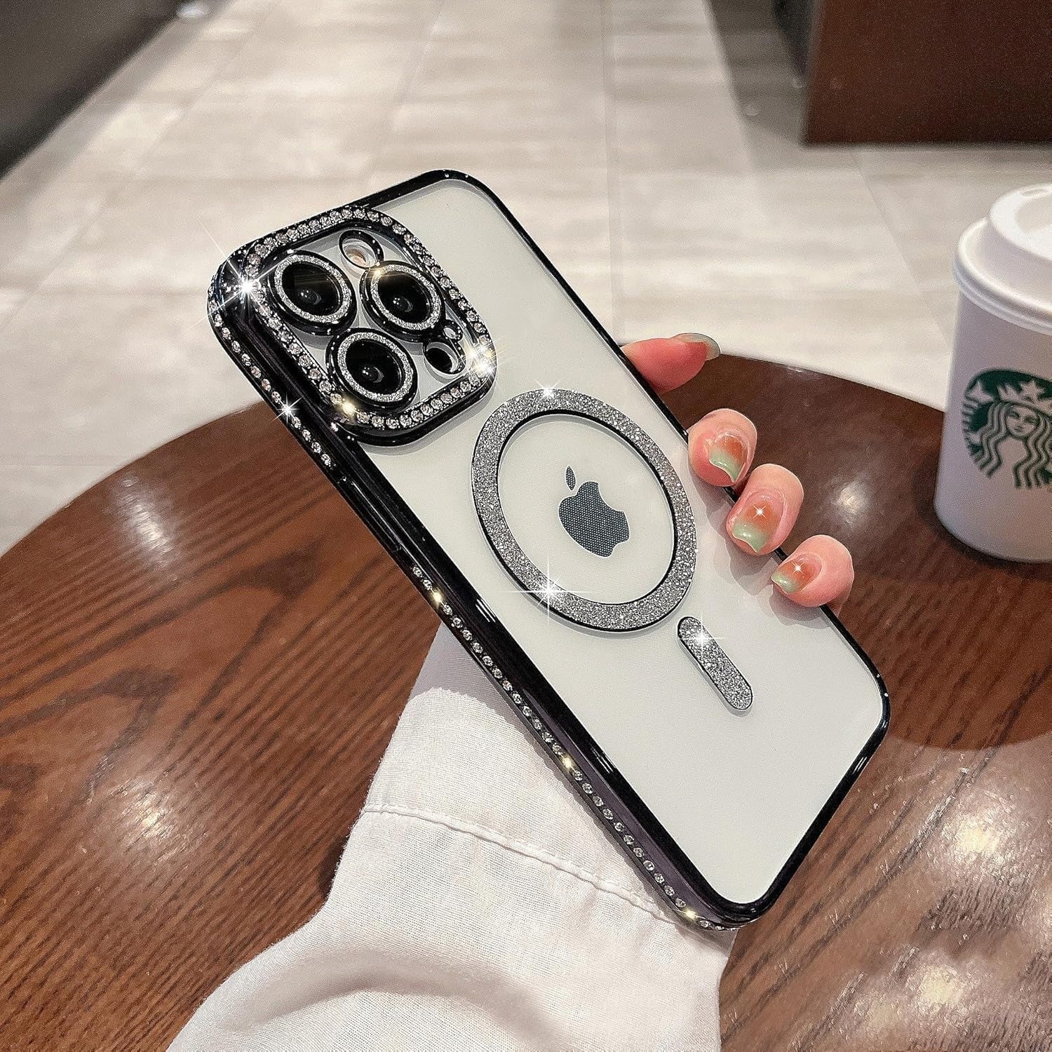 Cute Compatible iPhone 16 Pro Diamond Glitter Case – Luxury Bling Rhinestone Soft Clear TPU Bumper, MagSafe & Camera Lens Protection (Black)