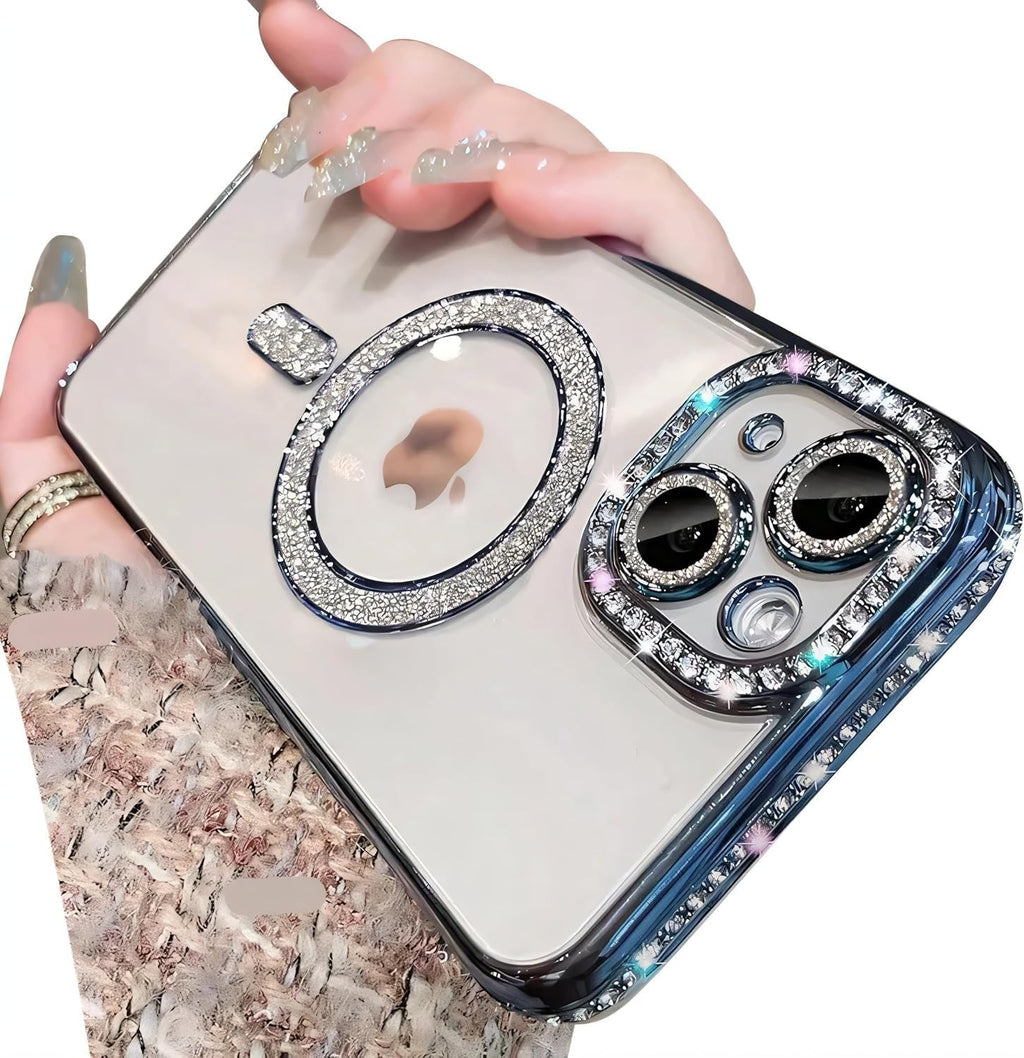 Brandson Crystal Clear Blue Case for iPhone 15 Plus | Soft TPU Transparent Cover with Diamond Rhinestone MagSafe Ring | Luxury Shockproof Camera Lens Protection Case for Women & Girls – Blue