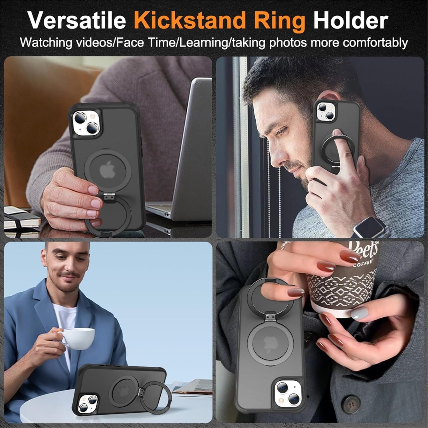 Brandson iPhone 15 Case with Invisible Magnetic O-Ring Stand | Military-Grade Translucent MagSafe Compatible Shockproof Cover – Black (6.1”)