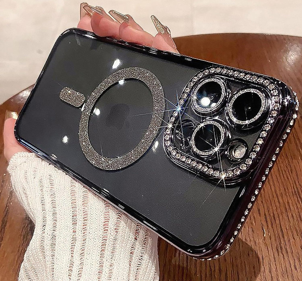 Cute Compatible iPhone 16 Pro Max Diamond Glitter Case – Luxury Bling Rhinestone Soft Clear TPU Bumper, MagSafe & Camera Lens Protection (Black)